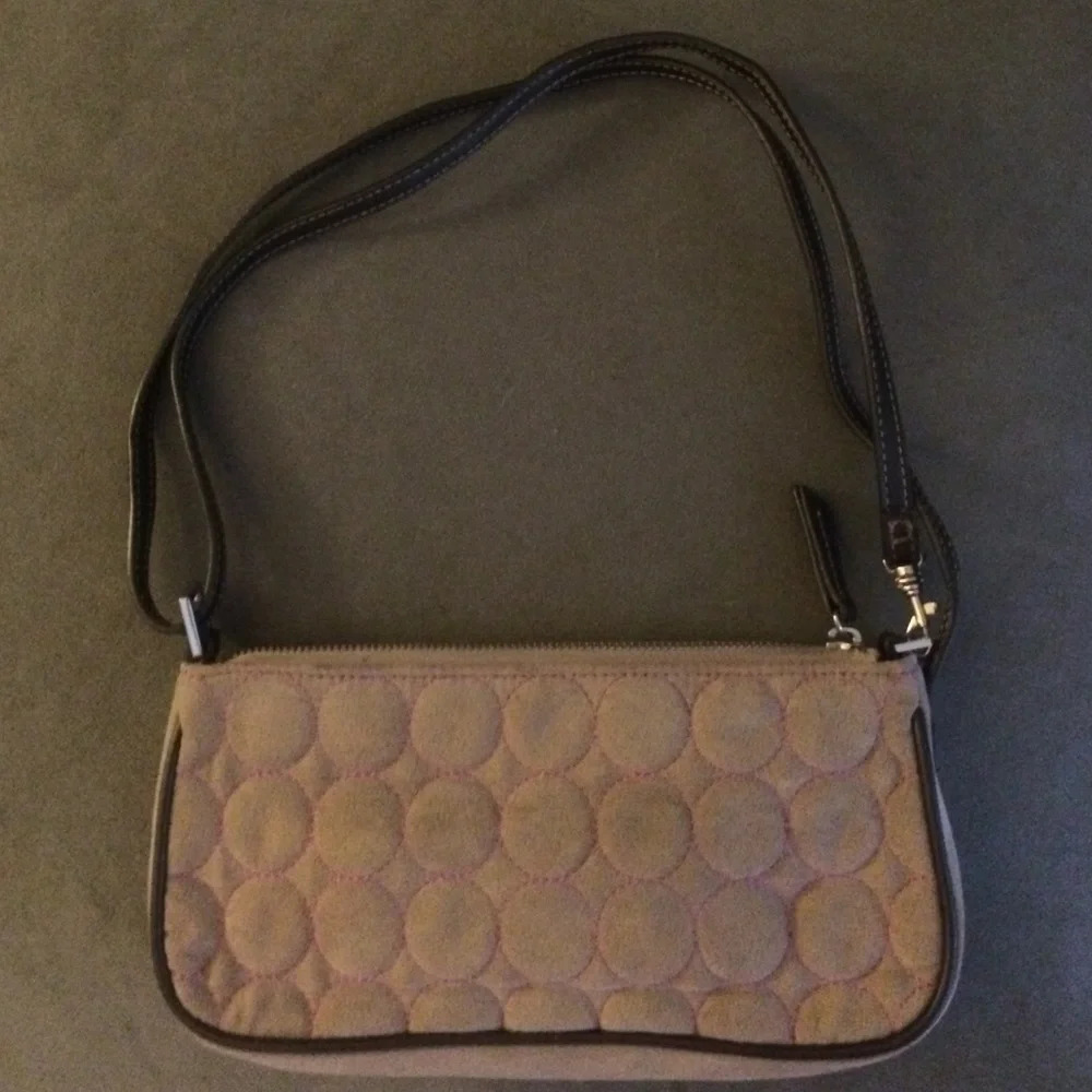 Liz Claiborne Small Clutch Purse in Tan Suede with Pink Circle Pattern Baguette